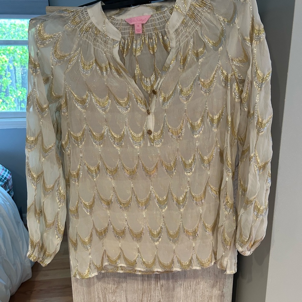 Lilly Pulitzer Gold Embellished Graphic Long Sleeve Blouse